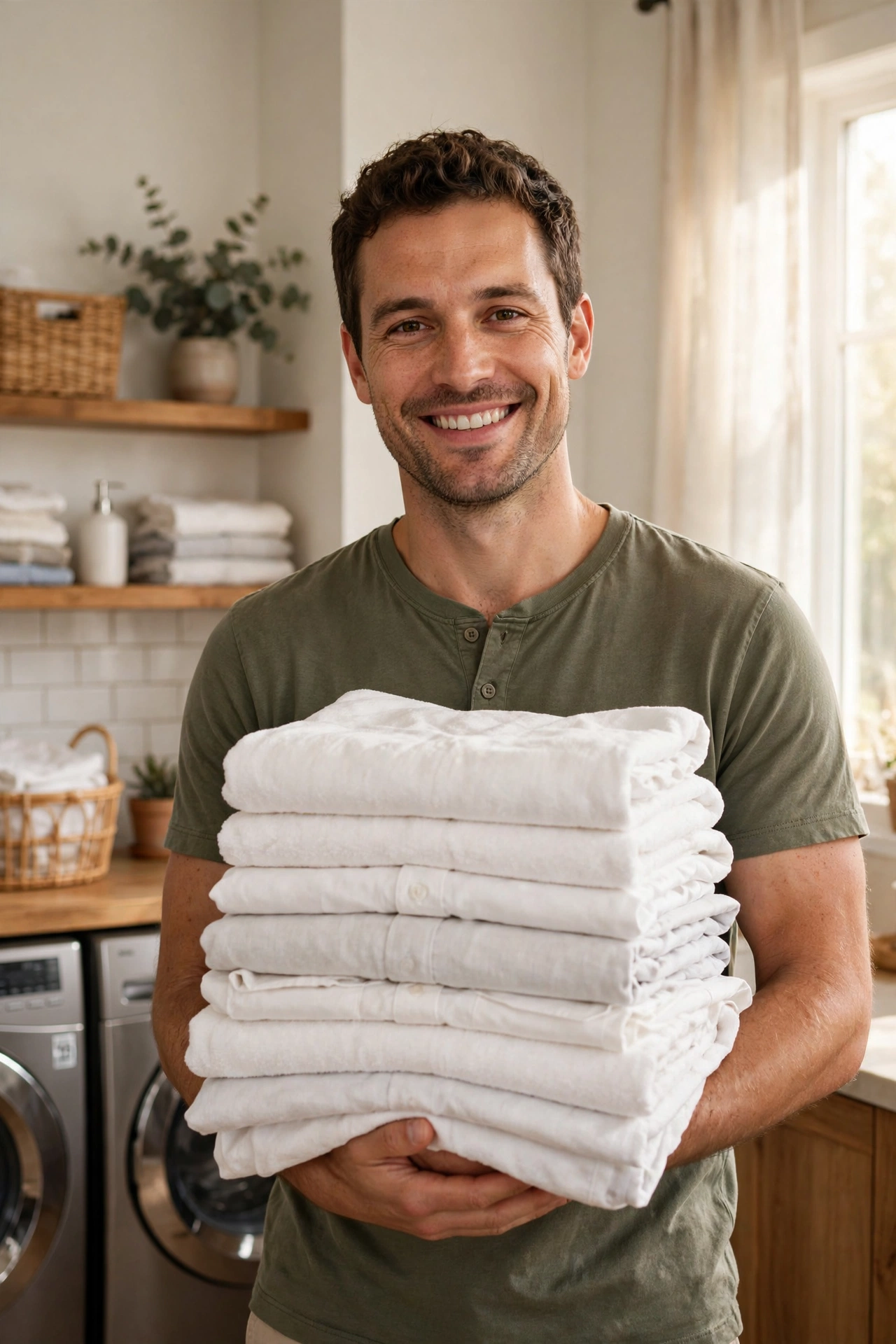A proud home laundry pro holding freshly folded laundry