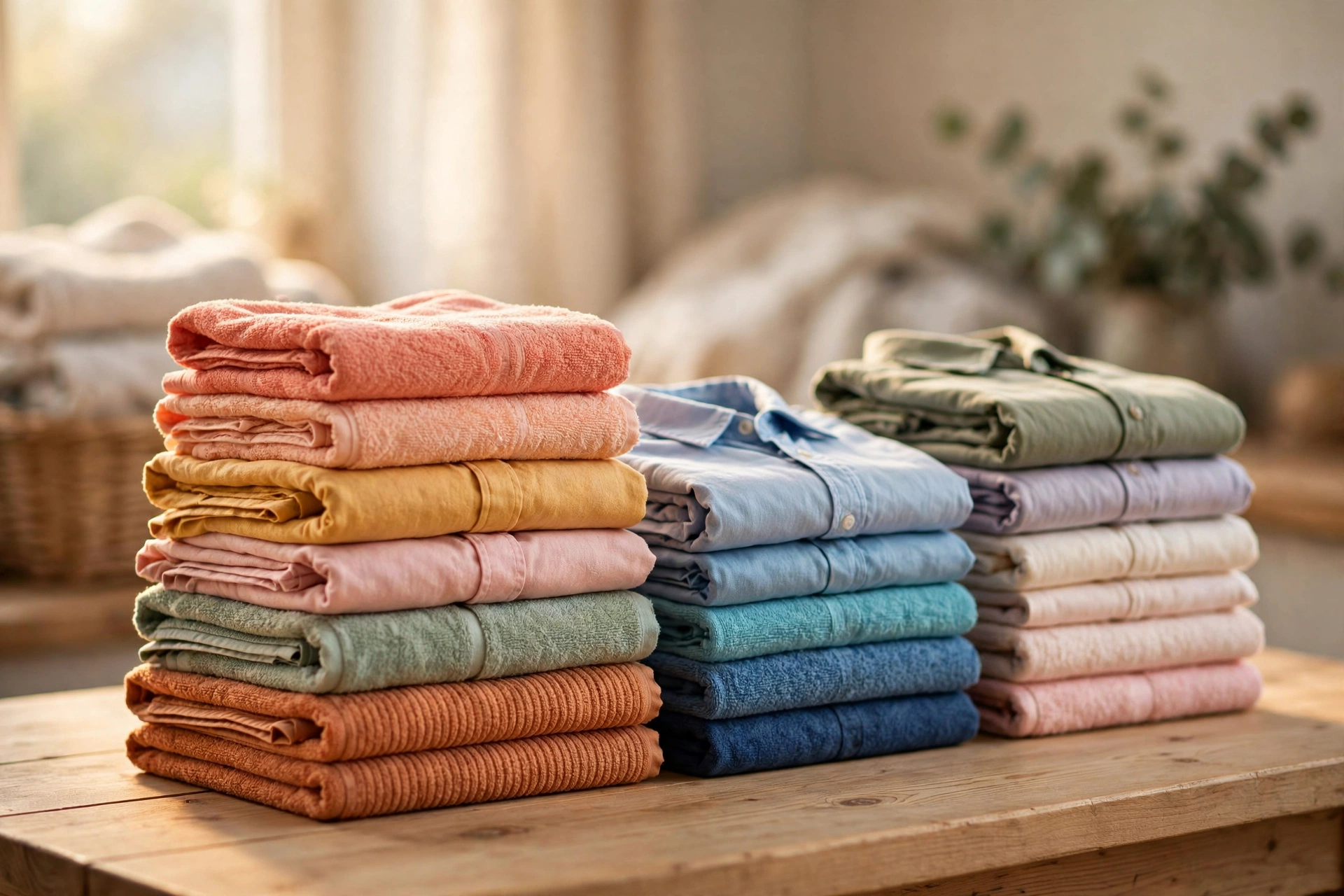 Neat stacks of freshly folded laundry ready for return