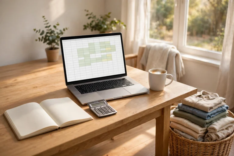 Home office desk with an open notebook, calculator, laptop showing a spreadsheet, and a basket of folded laundry beside it