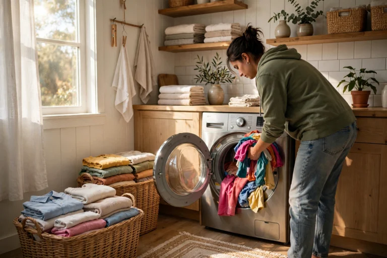 Woman loading colorful clothes into a front-load washer at home, with baskets of clean folded laundry nearby