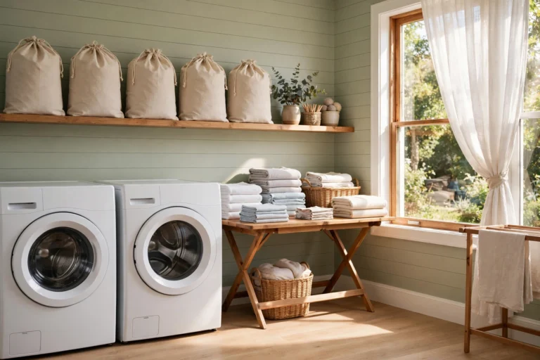 Bright home laundry room set up as a small business, with washer and dryer, folding table of fresh laundry, and labeled customer bags on a shelf