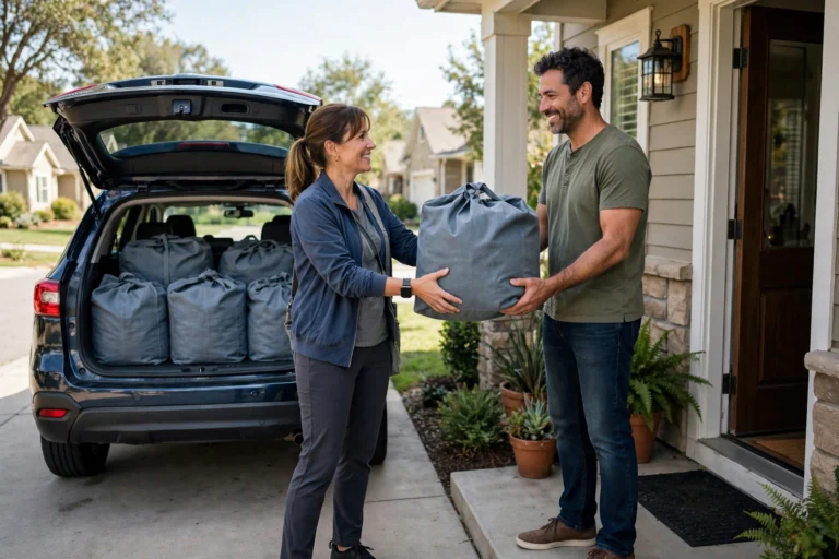 Laundry pro handing a full laundry bag to a smiling customer at their front door, with a car trunk full of bags behind them