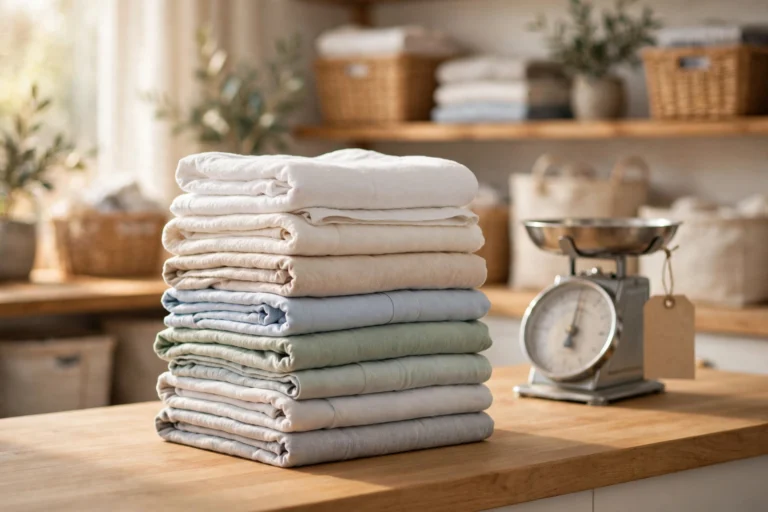 Neat stack of folded laundry on a counter next to a scale and price tag